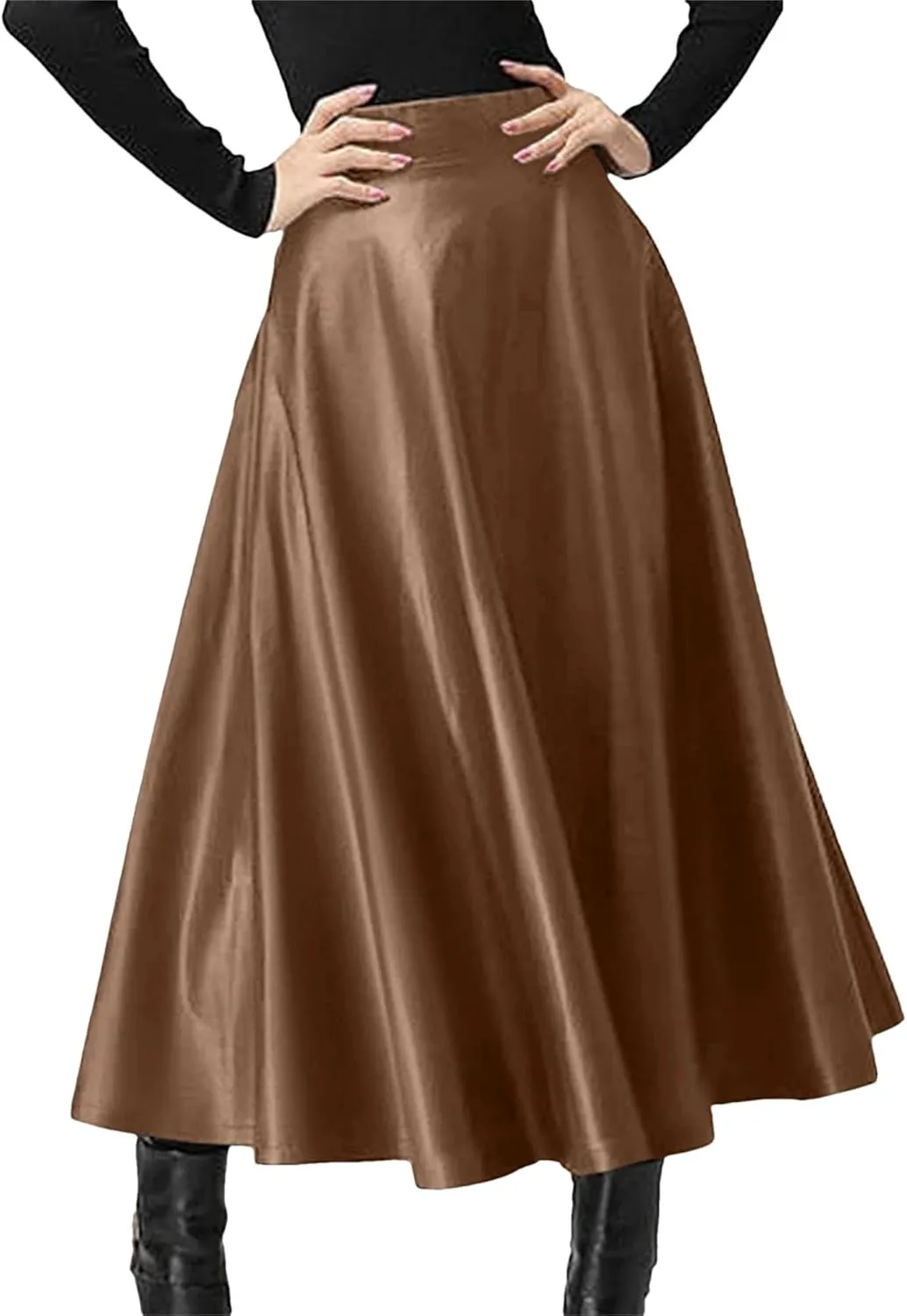 Women's Faux Leather Midi Skirt - High Waisted A-Line Swing Skirt with Zipper Detail & Ruffled Hem Office to Night Out