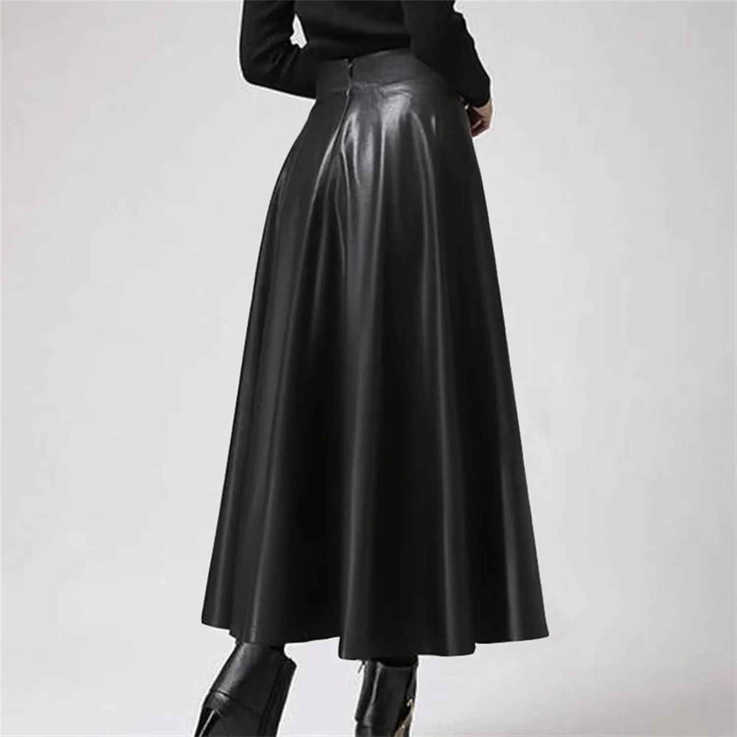 Women's Faux Leather Midi Skirt - High Waisted A-Line Swing Skirt with Zipper Detail & Ruffled Hem Office to Night Out