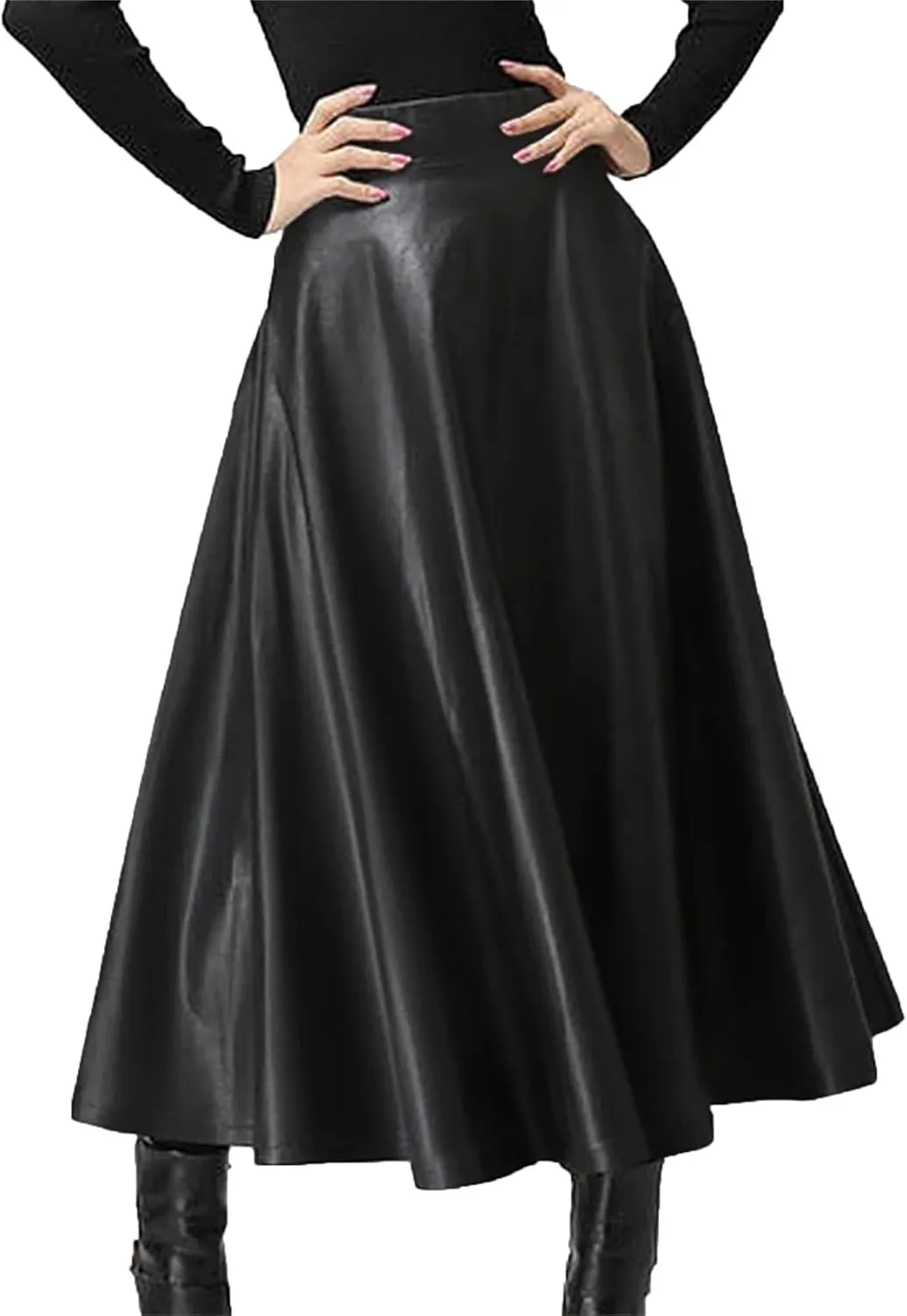 Women's Faux Leather Midi Skirt - High Waisted A-Line Swing Skirt with Zipper Detail & Ruffled Hem Office to Night Out