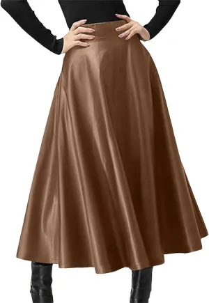 Women's Faux Leather Midi Skirt - High Waisted A-Line Swing Skirt with Zipper Detail & Ruffled Hem Office to Night Out