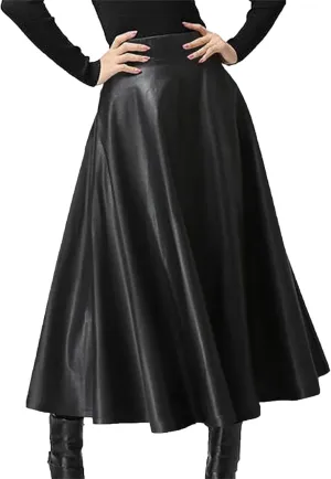 Women's Faux Leather Midi Skirt - High Waisted A-Line Swing Skirt with Zipper Detail & Ruffled Hem Office to Night Out
