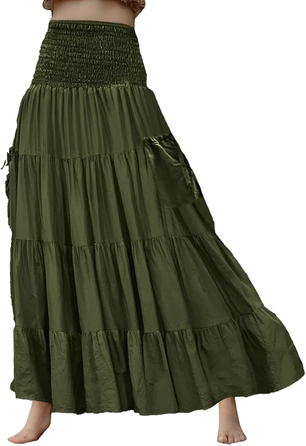 Womens Flowy Pleated Skirts A Line High Smocked Waist Midi Skirt Bohemian Casual Renaissance Skirt with Pockets 2025