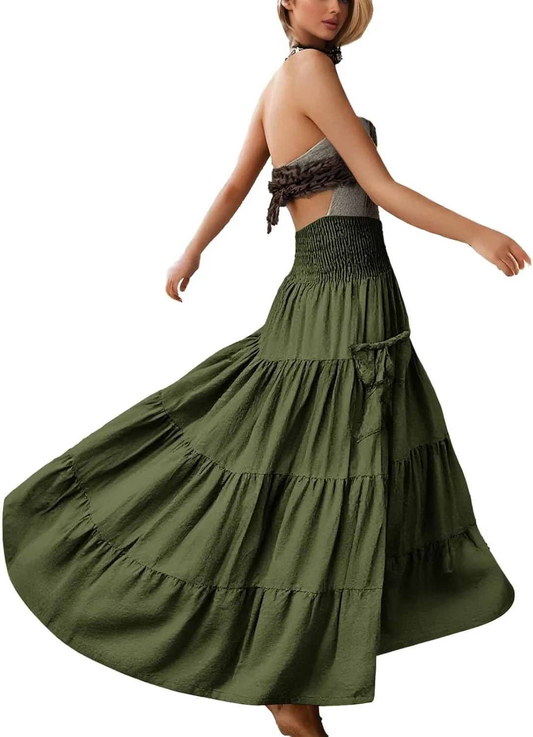 Womens Flowy Pleated Skirts A Line High Smocked Waist Midi Skirt Bohemian Casual Renaissance Skirt with Pockets 2025