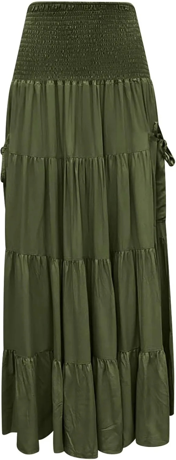 Womens Flowy Pleated Skirts A Line High Smocked Waist Midi Skirt Bohemian Casual Renaissance Skirt with Pockets 2025
