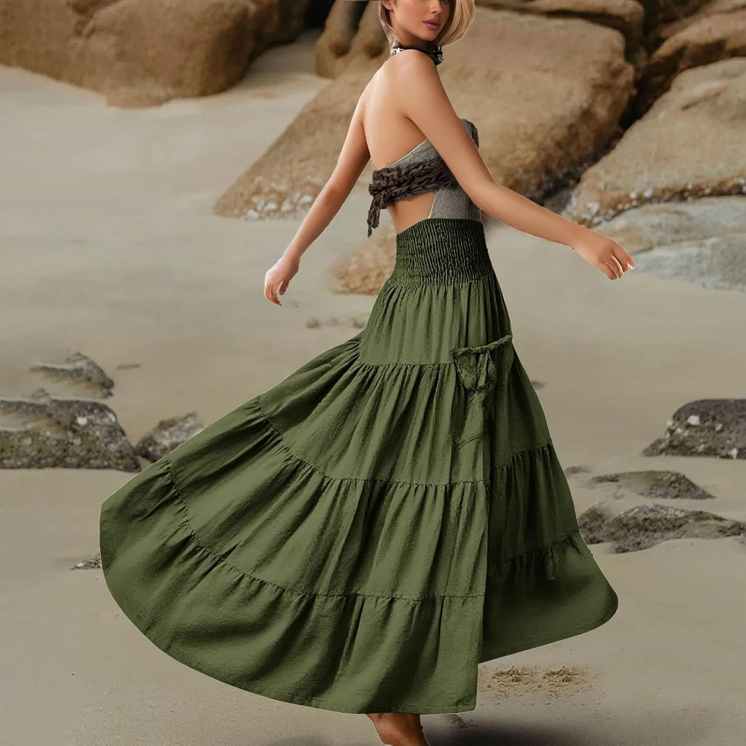 Womens Flowy Pleated Skirts A Line High Smocked Waist Midi Skirt Bohemian Casual Renaissance Skirt with Pockets 2025