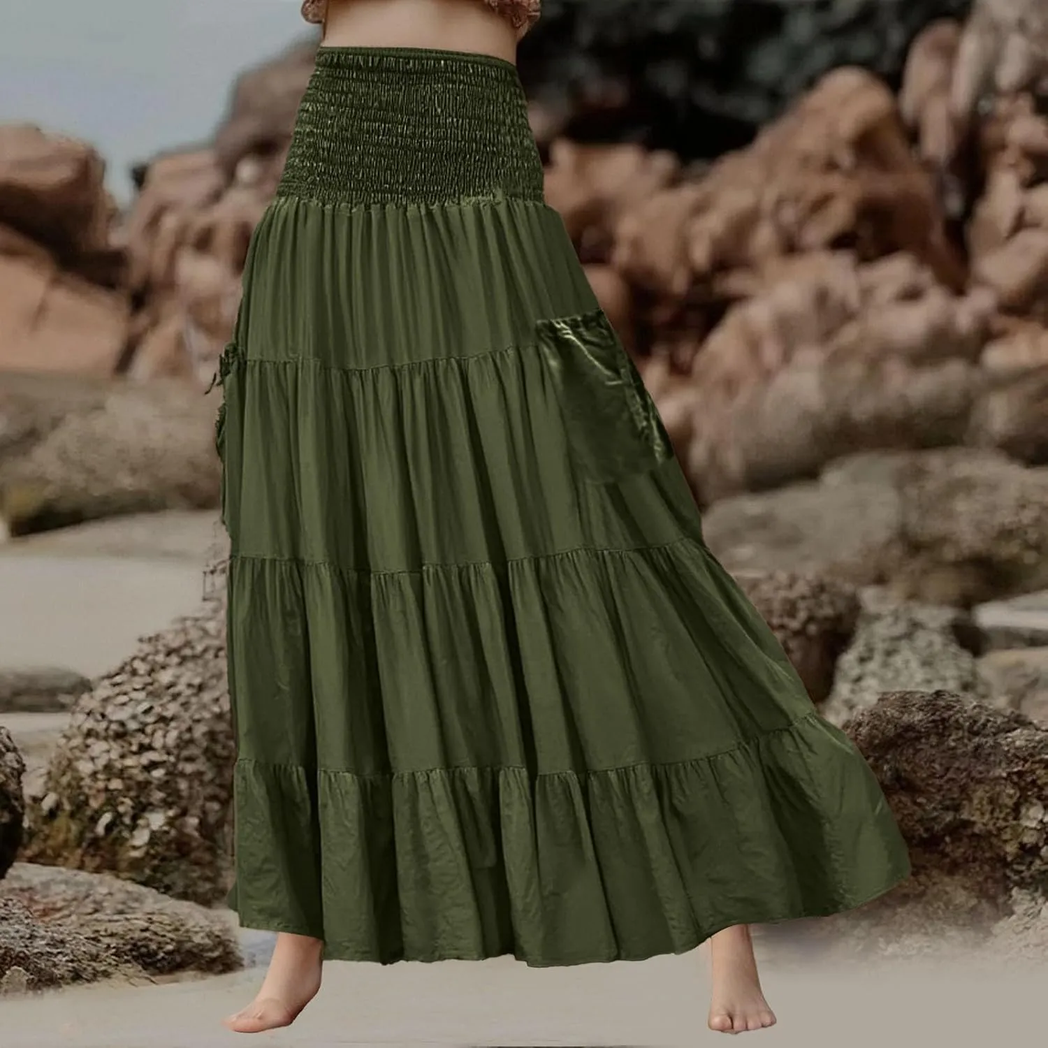 Womens Flowy Pleated Skirts A Line High Smocked Waist Midi Skirt Bohemian Casual Renaissance Skirt with Pockets 2025