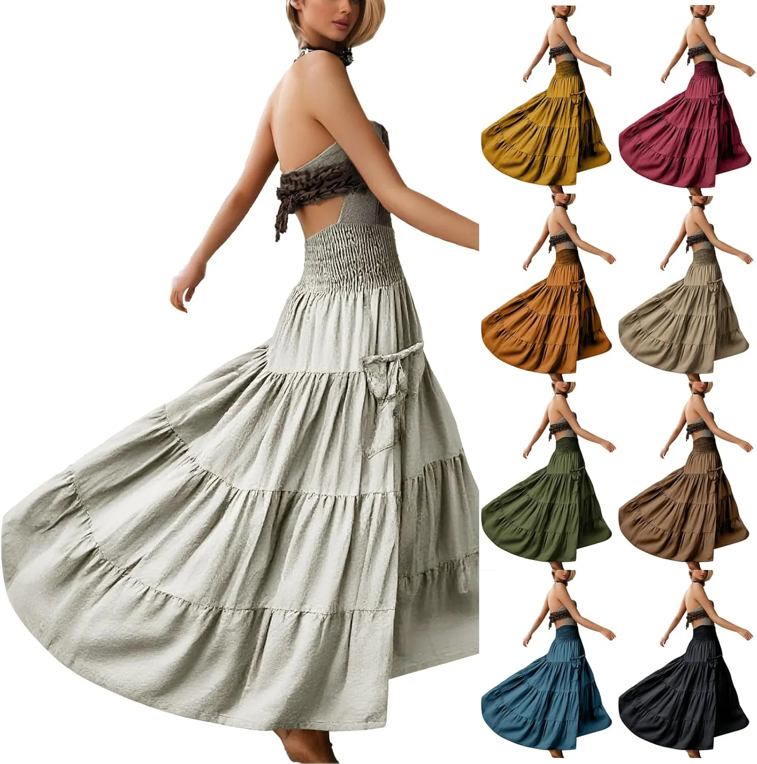 Womens Flowy Pleated Skirts A Line High Smocked Waist Midi Skirt Bohemian Casual Renaissance Skirt with Pockets 2025