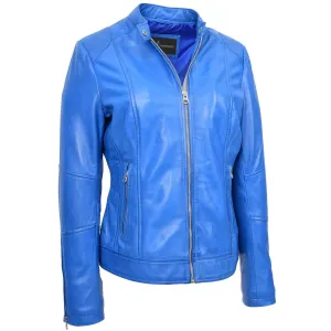Womens Genuine Leather Biker Jacket Zip Casual Naomi Blue