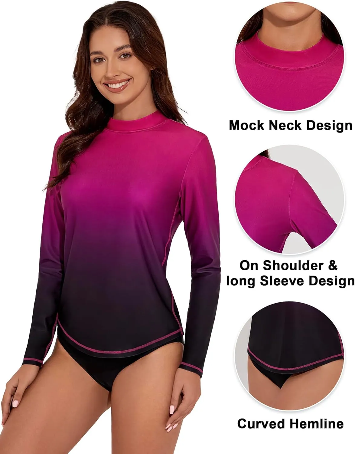Women's Gradient Rash Guard UPF 50  Long Sleeve Swim Shirts UV Sun Protection Quick Dry Printed Surfing Top