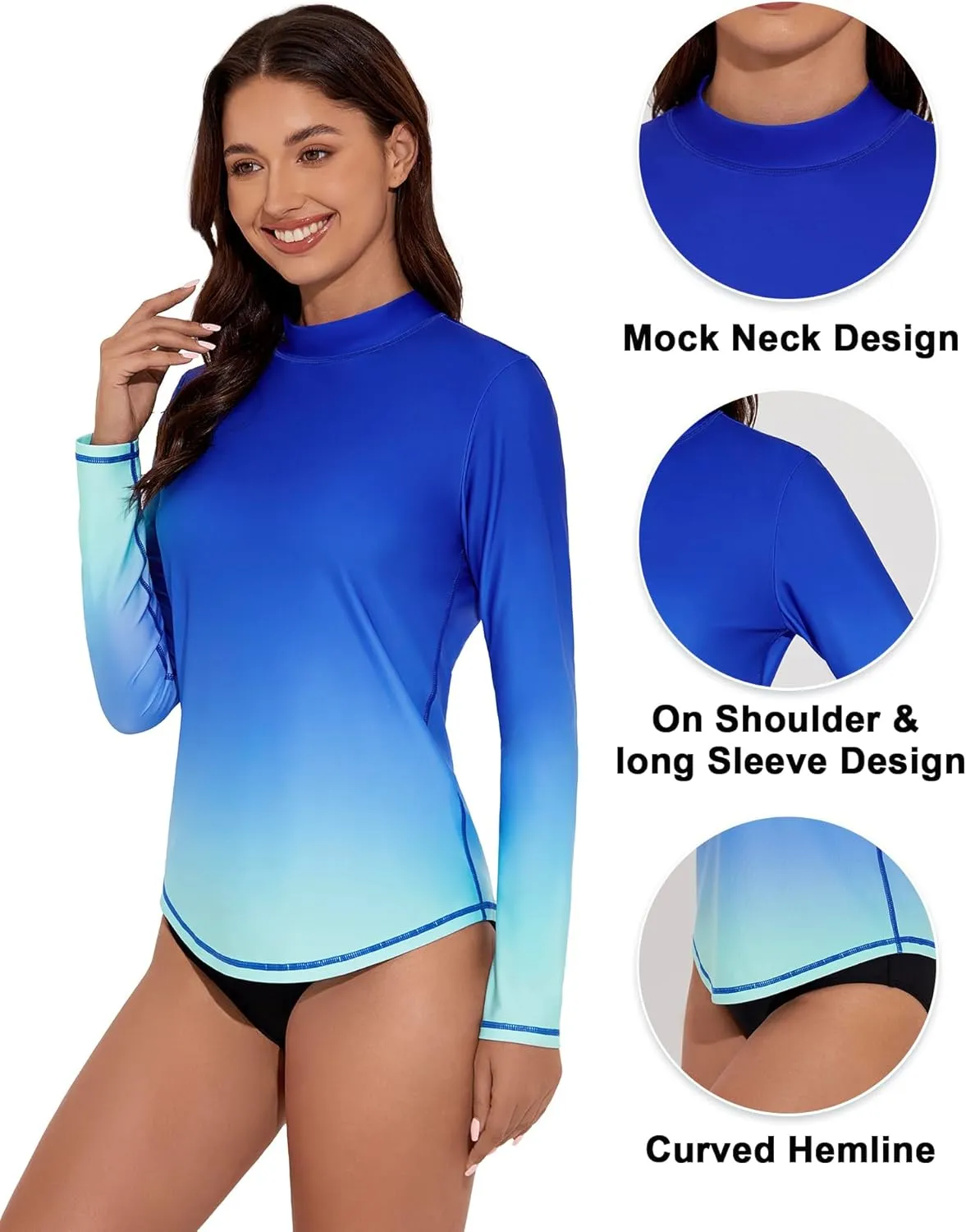 Women's Gradient Rash Guard UPF 50  Long Sleeve Swim Shirts UV Sun Protection Quick Dry Printed Surfing Top