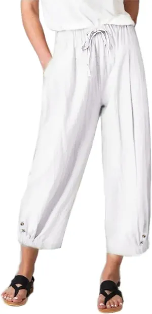 Womens High Waist Casual Wide Leg Loose Linen Trouser Capri Wide Leg Cropped Pants with Drawstring