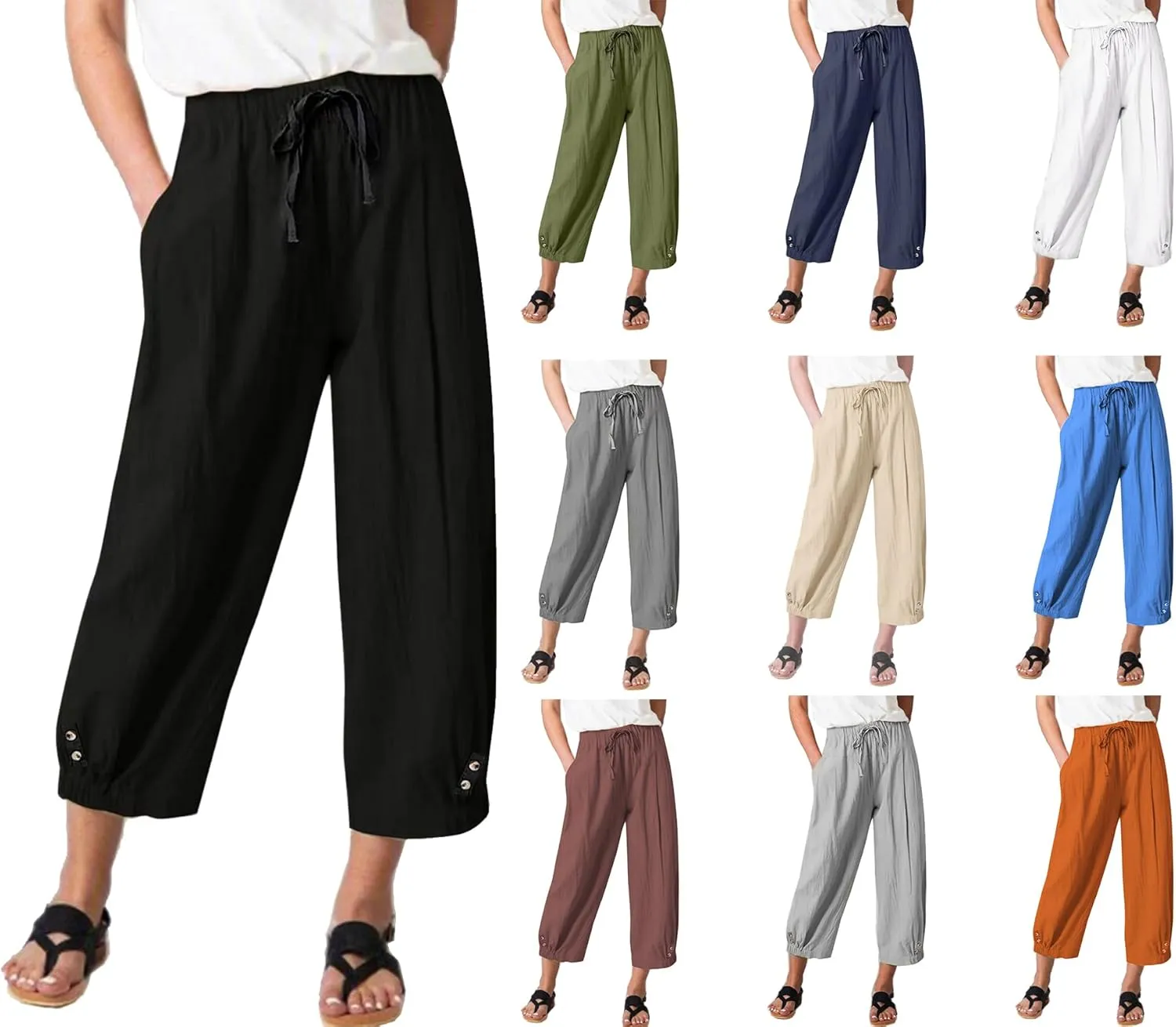 Womens High Waist Casual Wide Leg Loose Linen Trouser Capri Wide Leg Cropped Pants with Drawstring