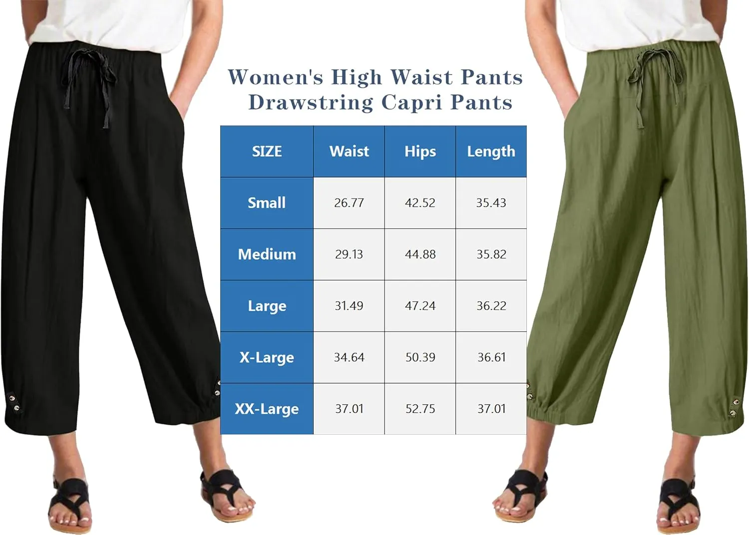 Womens High Waist Casual Wide Leg Loose Linen Trouser Capri Wide Leg Cropped Pants with Drawstring