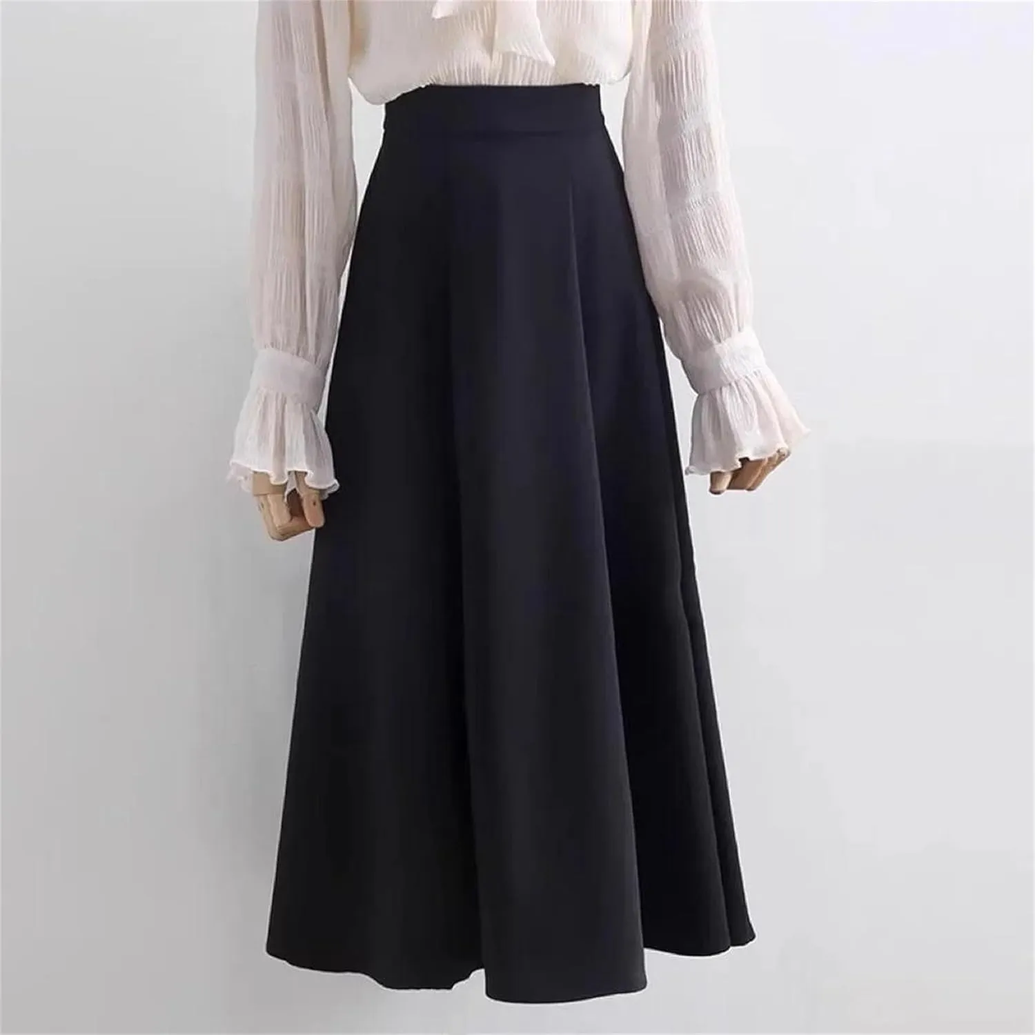Women's High-Waisted A- Line Swing Skirt Spring Fall Warm Ruffled Midi Skirt Ankle Length Solid Color Work Wear