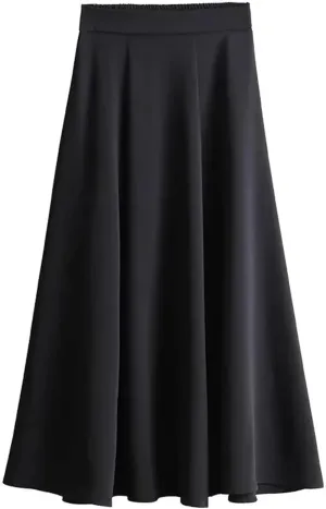 Women's High-Waisted A- Line Swing Skirt Spring Fall Warm Ruffled Midi Skirt Ankle Length Solid Color Work Wear