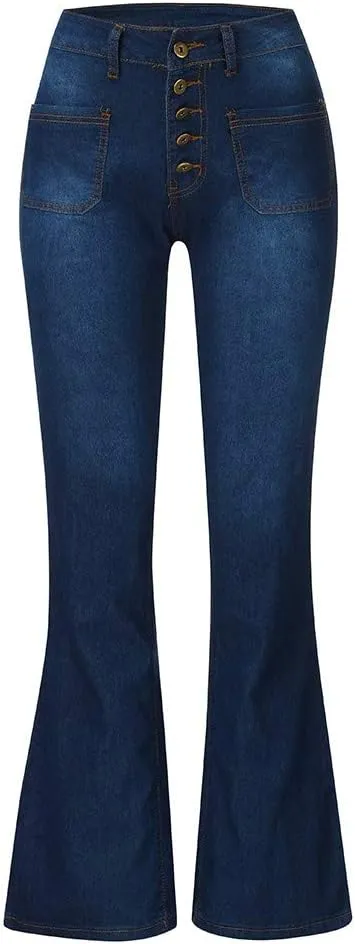Womens High Waisted Flare Denim Pant Trendy Relax Fit Washed Jeans Gradient Pleated Bell Bottom Casaul Denim Trousers