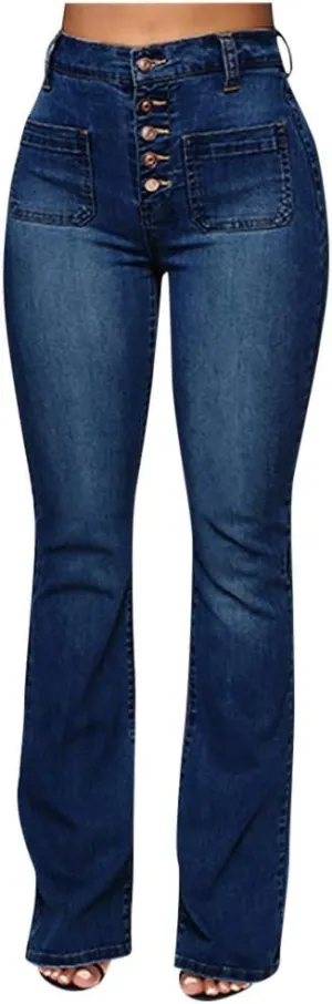 Womens High Waisted Flare Denim Pant Trendy Relax Fit Washed Jeans Gradient Pleated Bell Bottom Casaul Denim Trousers