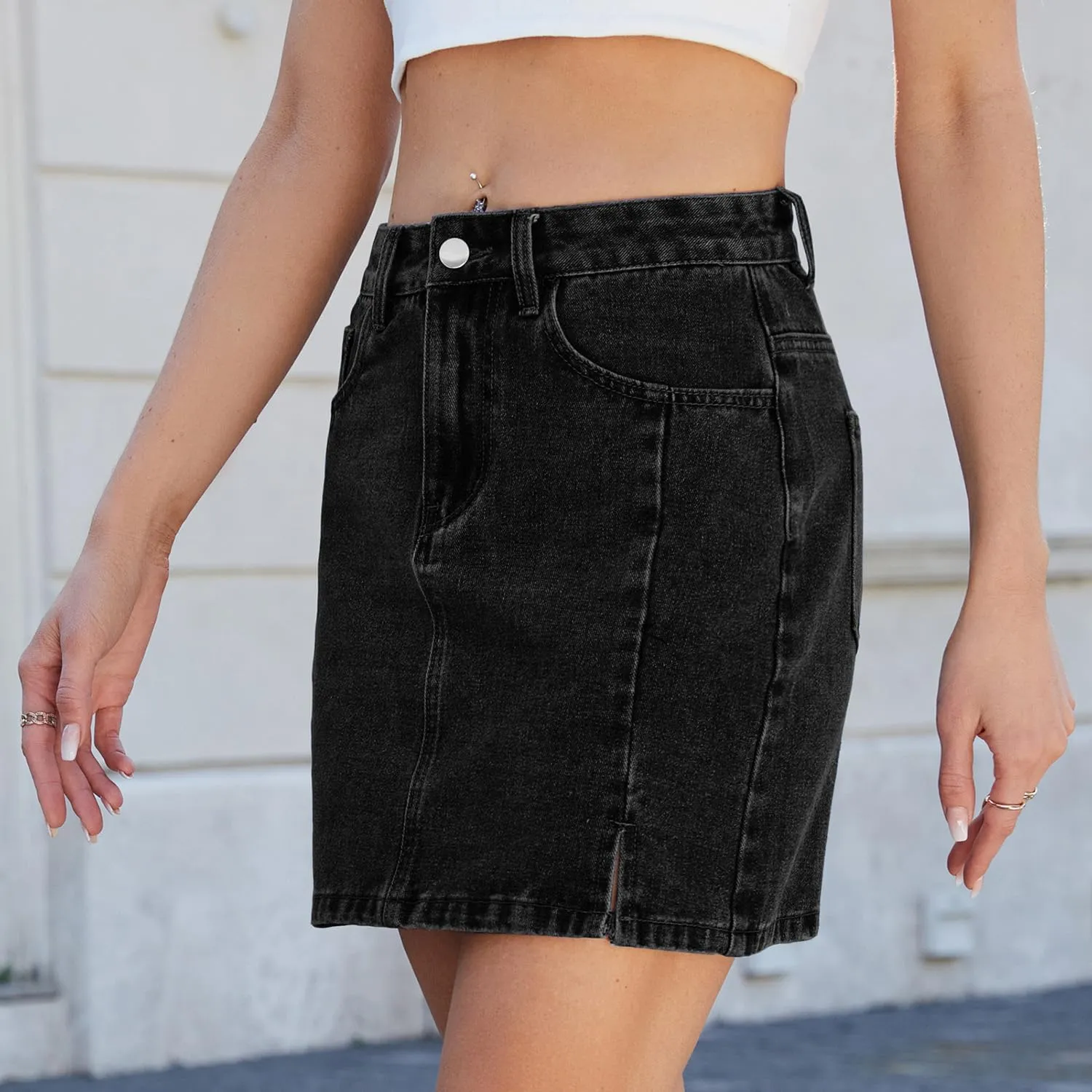 Women's Jean Skirt Summer High Waisted Slit Mini Skirt Y2K Trendy Denim Skorts Skirts with Pockets