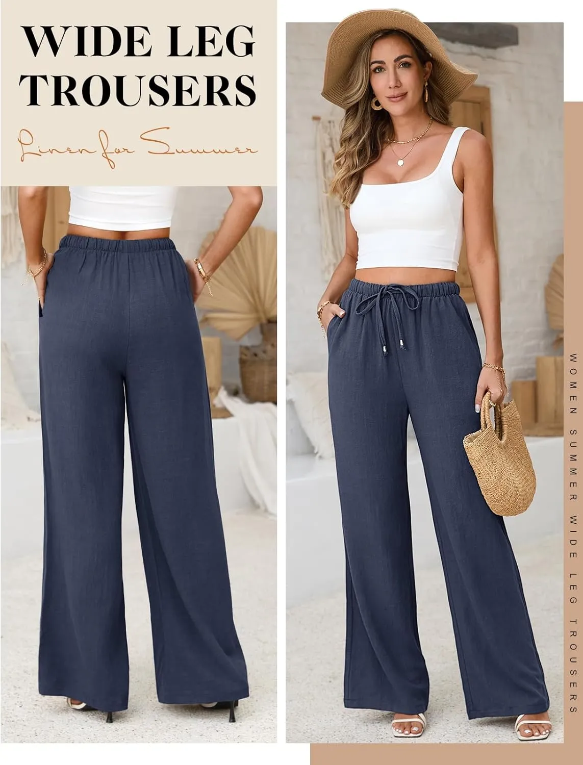 Womens Linen Pants High Waisted Wide Leg Trousers Summer Palazzo Casual Pant Flowy Drawstring Beach Pants