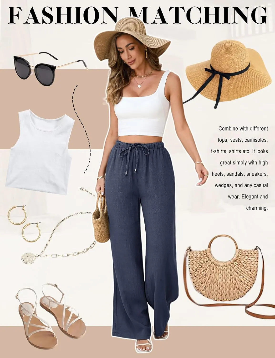 Womens Linen Pants High Waisted Wide Leg Trousers Summer Palazzo Casual Pant Flowy Drawstring Beach Pants
