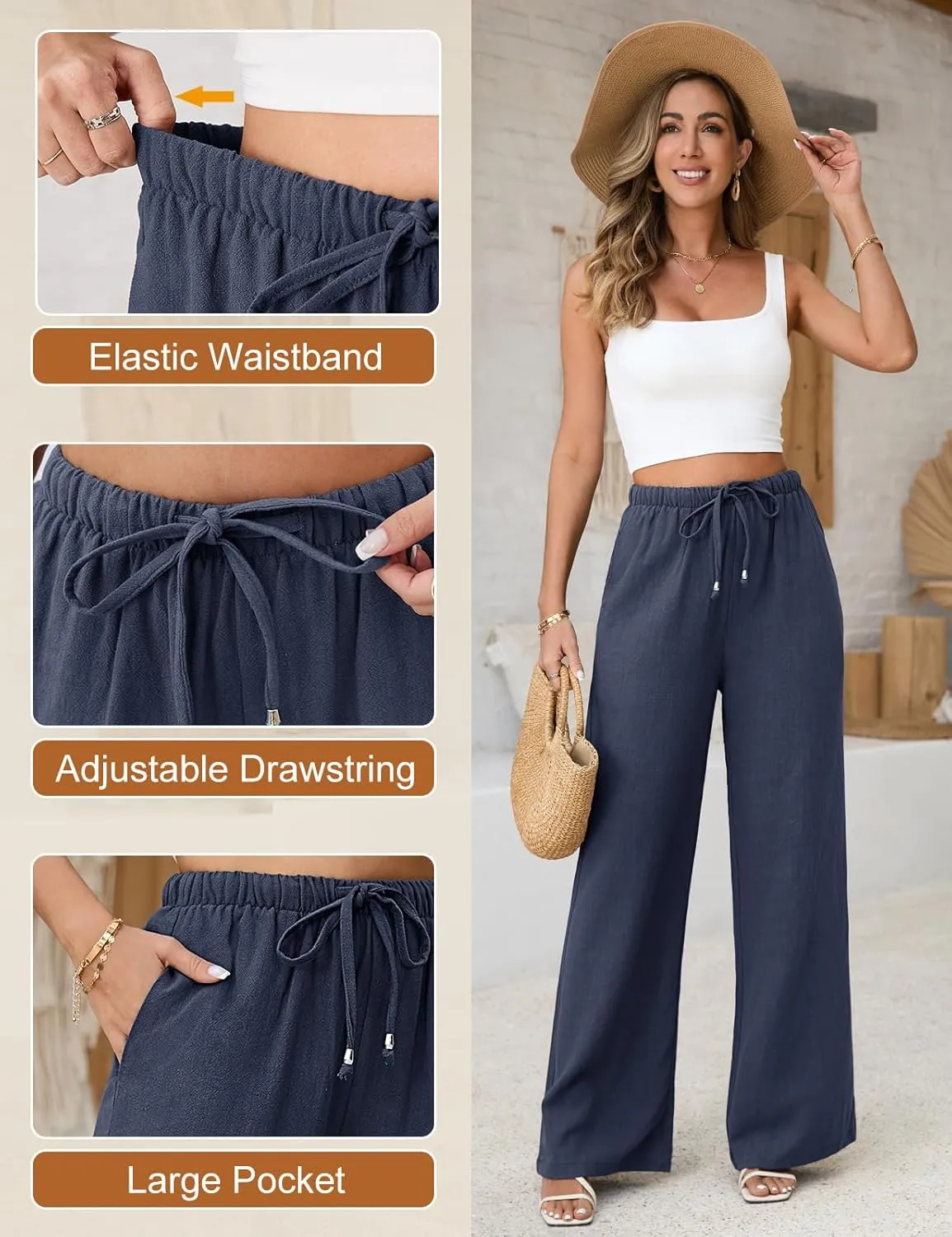 Womens Linen Pants High Waisted Wide Leg Trousers Summer Palazzo Casual Pant Flowy Drawstring Beach Pants