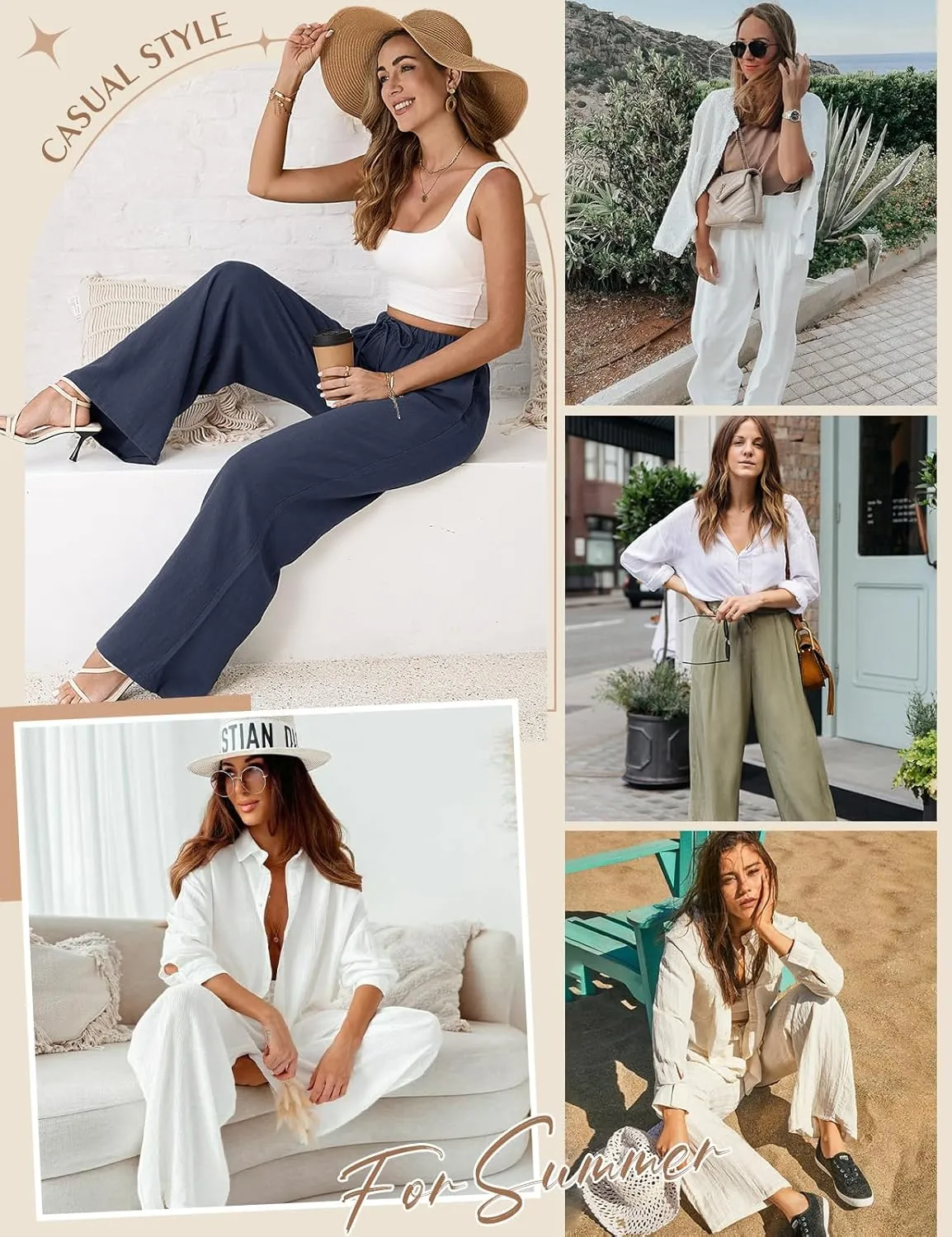 Womens Linen Pants High Waisted Wide Leg Trousers Summer Palazzo Casual Pant Flowy Drawstring Beach Pants