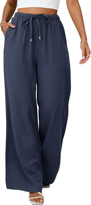 Womens Linen Pants High Waisted Wide Leg Trousers Summer Palazzo Casual Pant Flowy Drawstring Beach Pants
