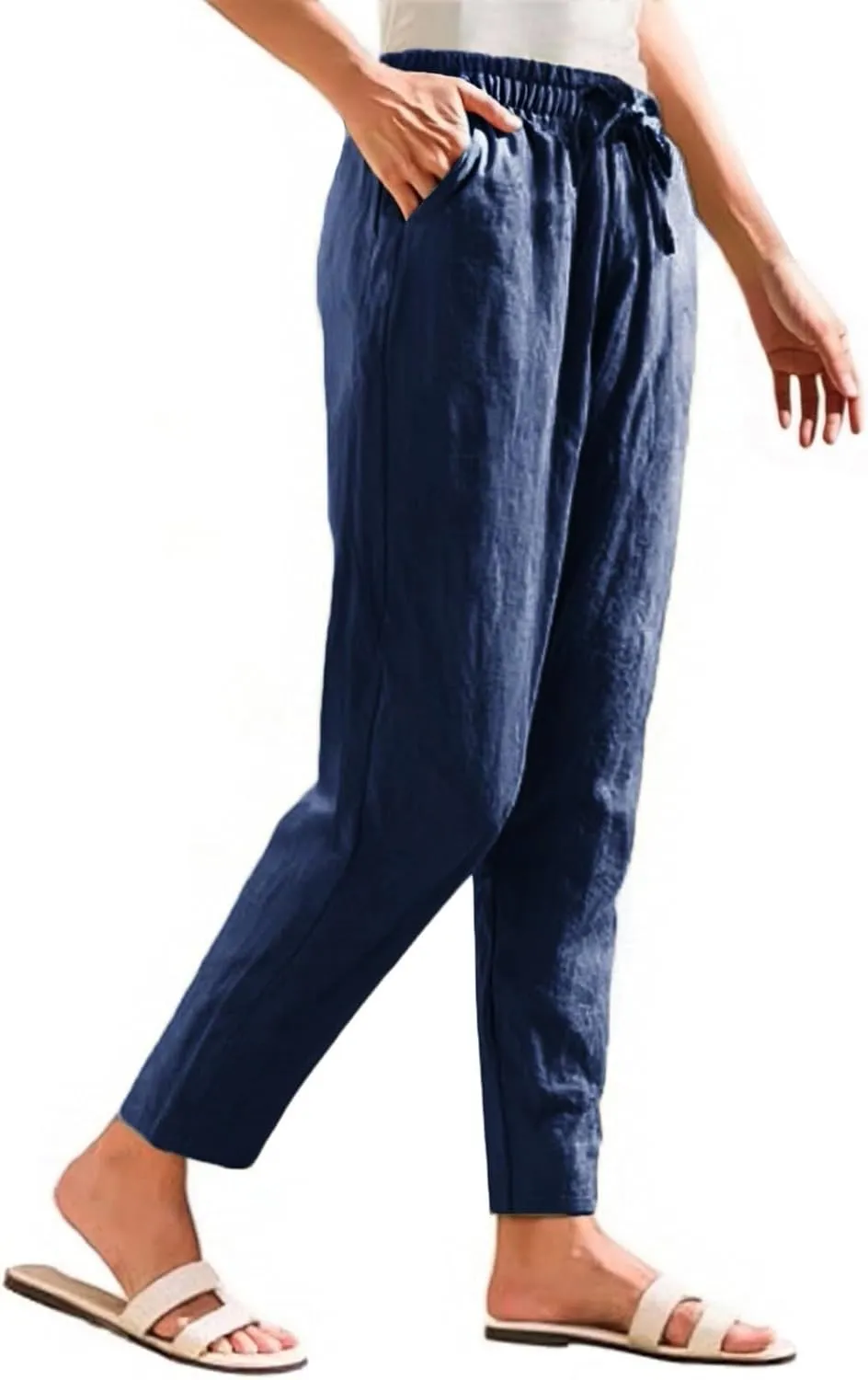 Womens Linen Pants with Pockets Summer 2025 Cropped Cotton Linen Pants Drawstring Petite Casual Beach Summer Pants