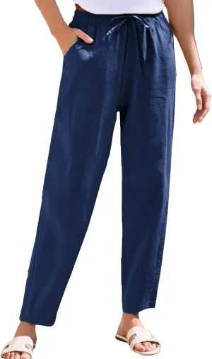 Womens Linen Pants with Pockets Summer 2025 Cropped Cotton Linen Pants Drawstring Petite Casual Beach Summer Pants