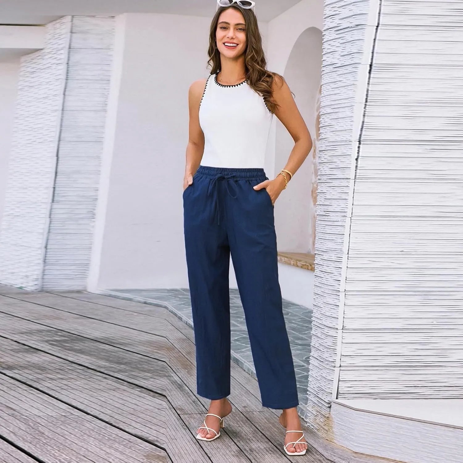 Womens Linen Pants with Pockets Summer 2025 Cropped Cotton Linen Pants Drawstring Petite Casual Beach Summer Pants