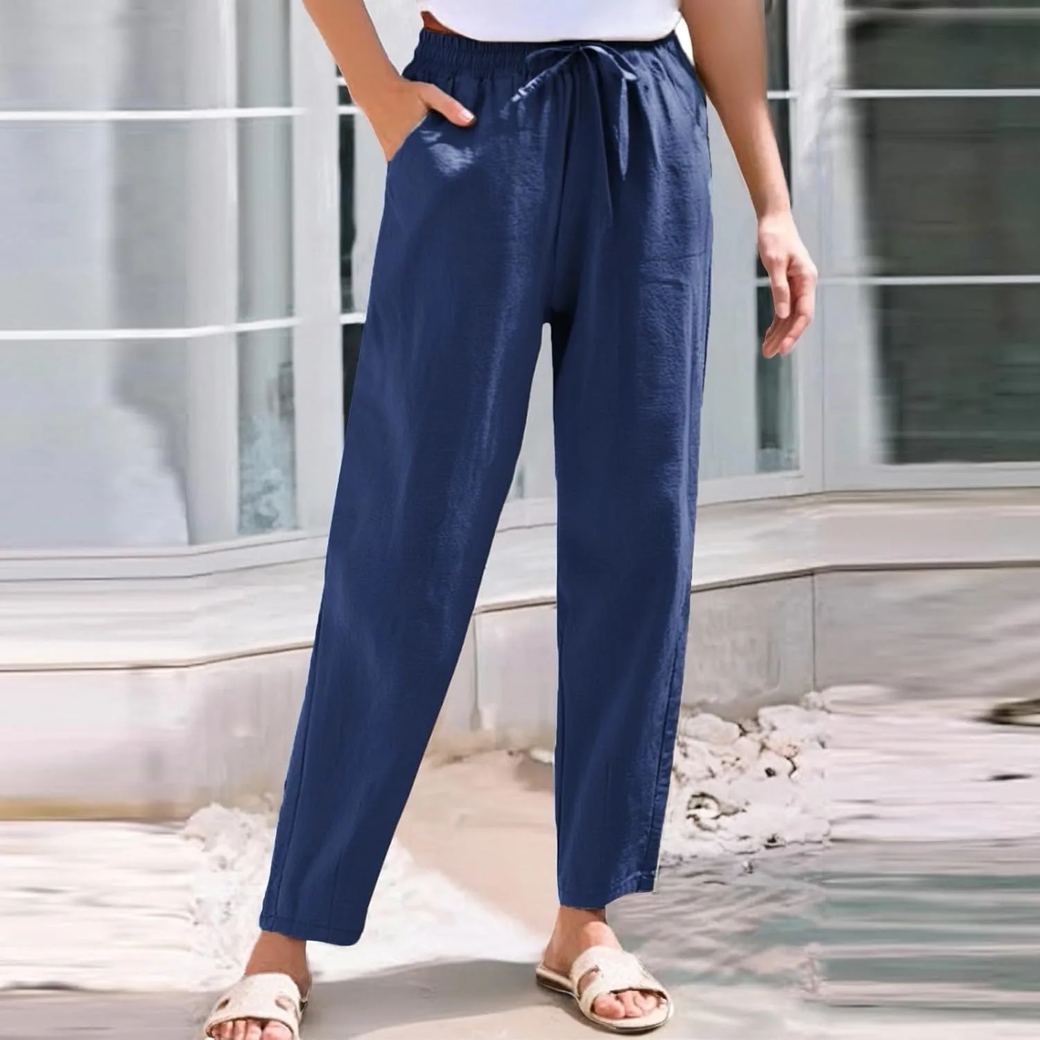 Womens Linen Pants with Pockets Summer 2025 Cropped Cotton Linen Pants Drawstring Petite Casual Beach Summer Pants