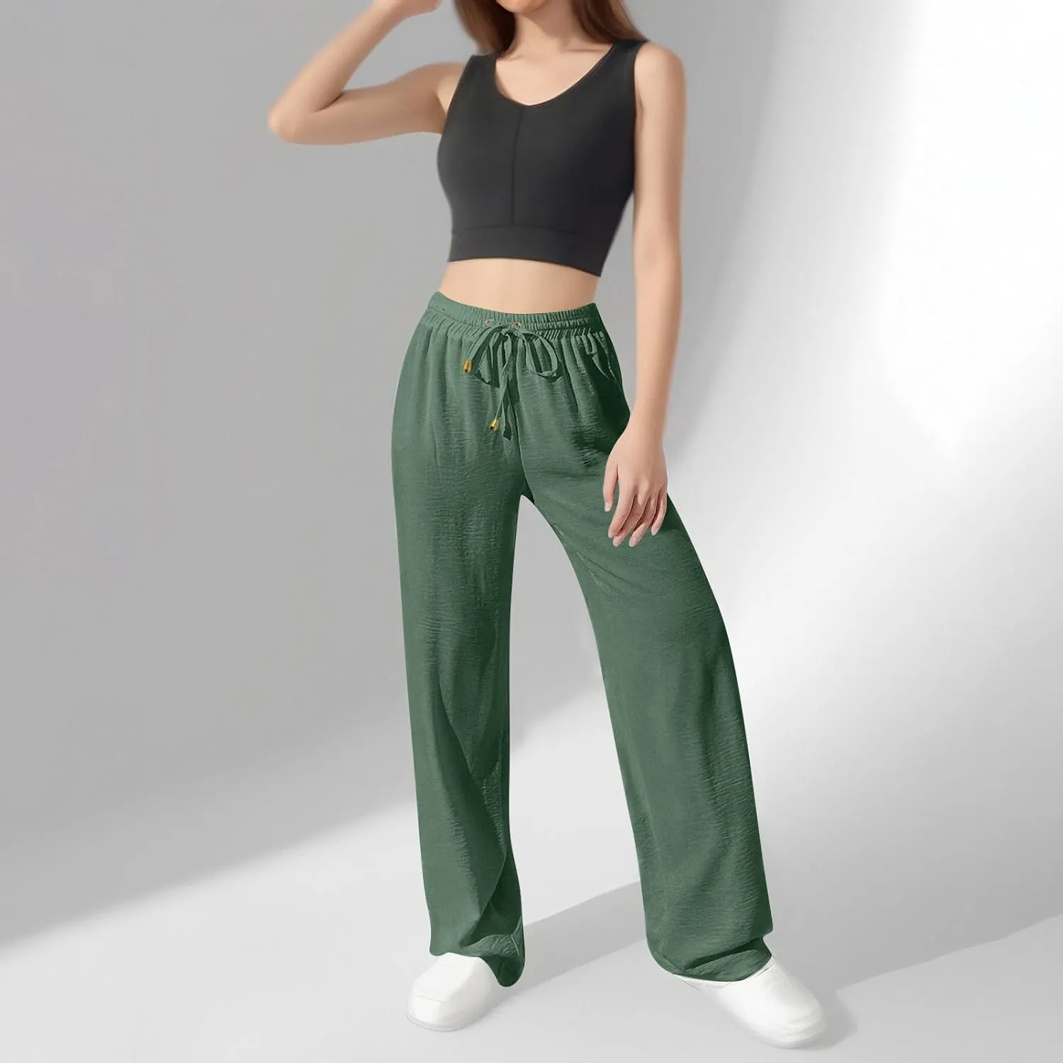 Women's Linen Summer Palazzo Pants Flowy Wide Leg Beach Pants with Pockets