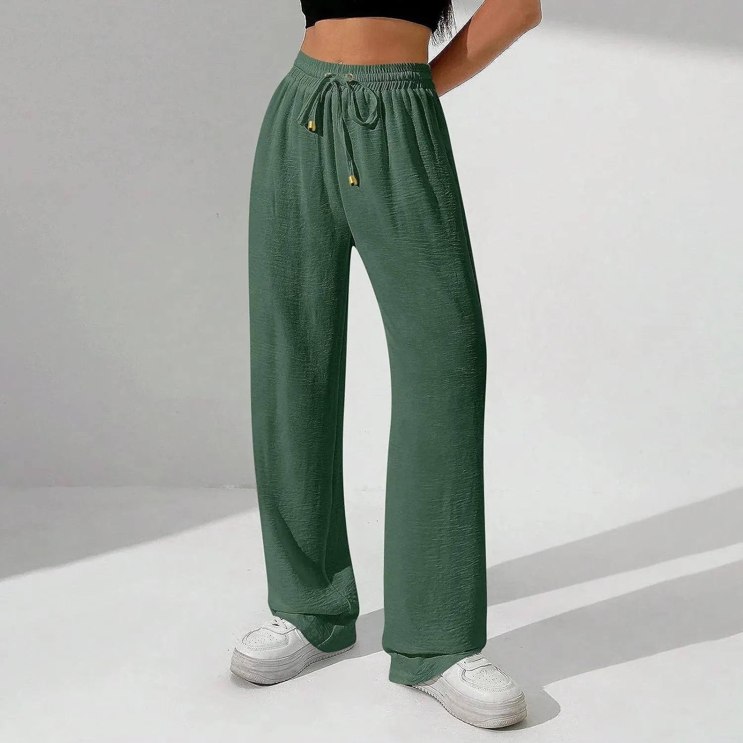 Women's Linen Summer Palazzo Pants Flowy Wide Leg Beach Pants with Pockets