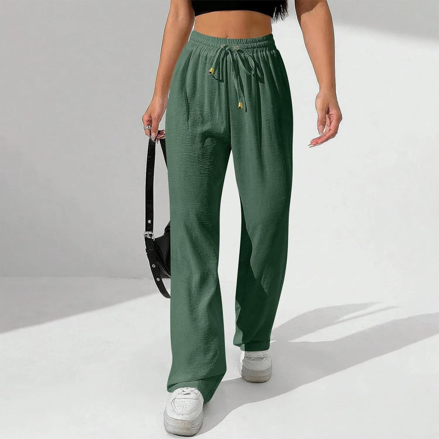 Women's Linen Summer Palazzo Pants Flowy Wide Leg Beach Pants with Pockets
