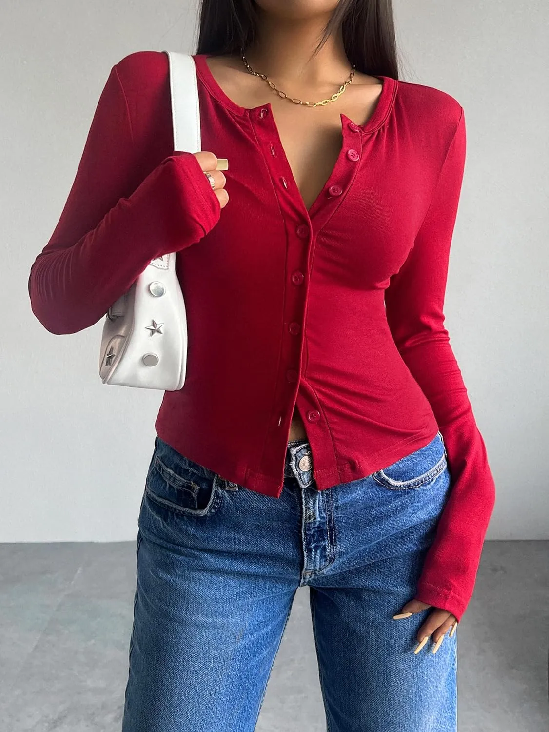 Women's Long Sleeve Shirts Crew Neck Button Down Cardigan T-Shirt Slim Fit Y2K Going Out Casual Fashion Tops