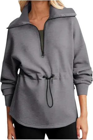 Womens Long Sleeve Tops Half Zip Drawstring Waist Oversized Sweatshirts Fleece Pullover Fashion Outfits 2024