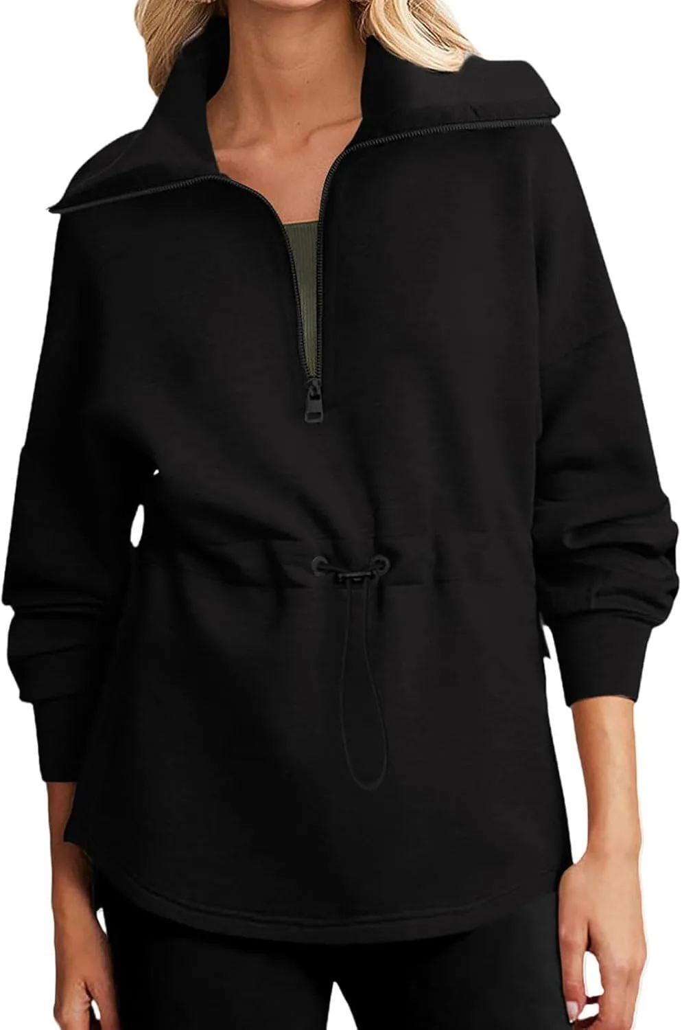 Womens Long Sleeve Tops Half Zip Drawstring Waist Oversized Sweatshirts Fleece Pullover Fashion Outfits 2024