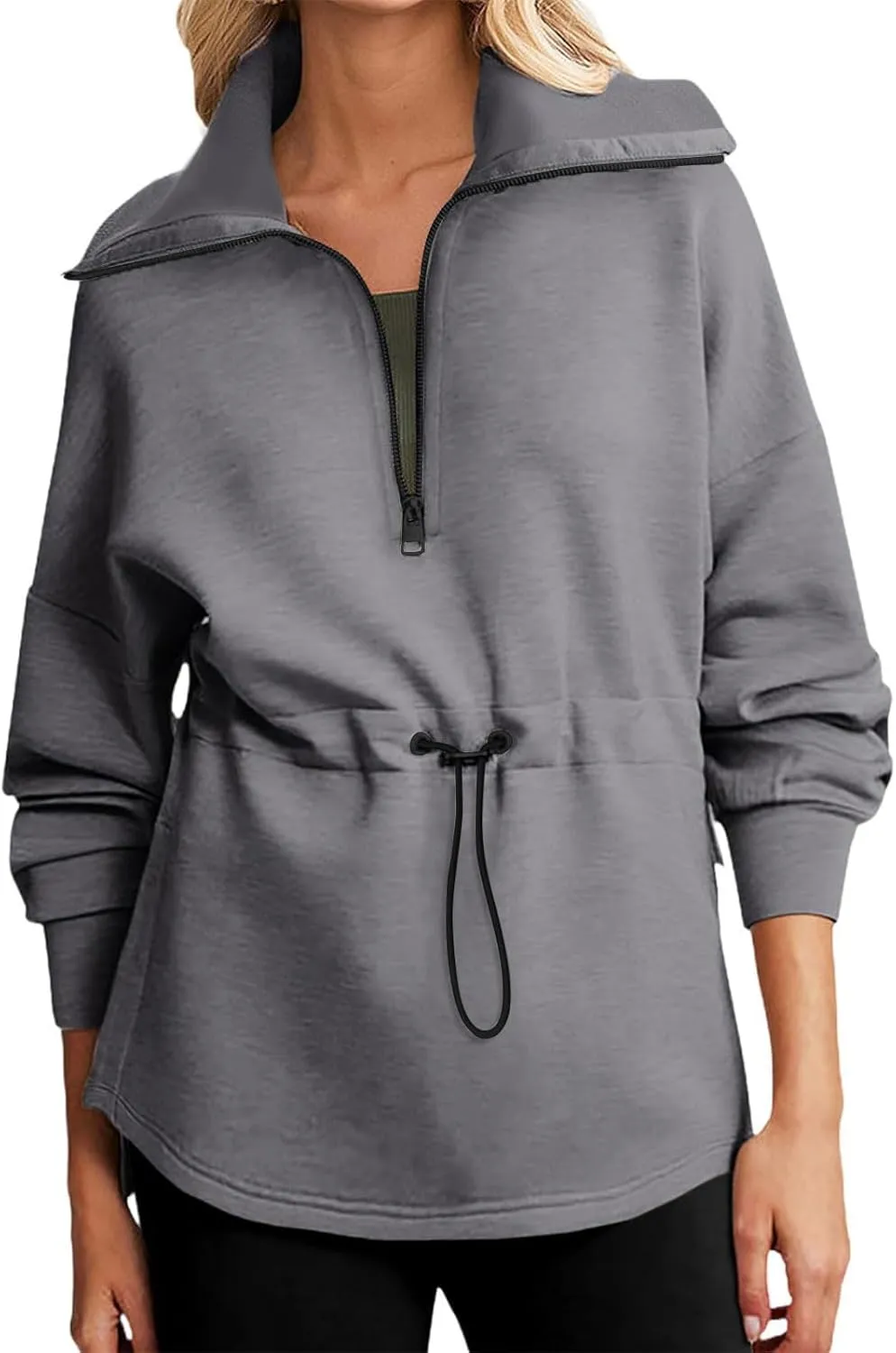 Womens Long Sleeve Tops Half Zip Drawstring Waist Oversized Sweatshirts Fleece Pullover Fashion Outfits 2024
