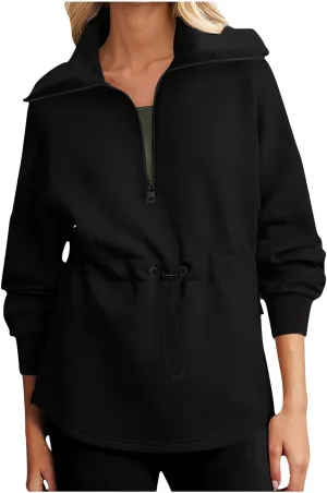 Womens Long Sleeve Tops Half Zip Drawstring Waist Oversized Sweatshirts Fleece Pullover Fashion Outfits 2024