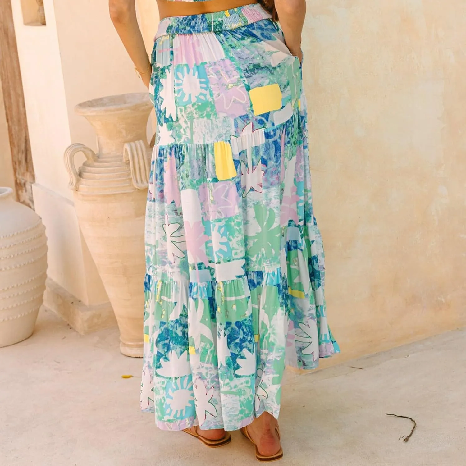 Women's Midi Skirt Summer 2025 Beach Boho Casual Maxi High Waist Vacation Skirts Floral Print Flowy Long Pleated Skirt