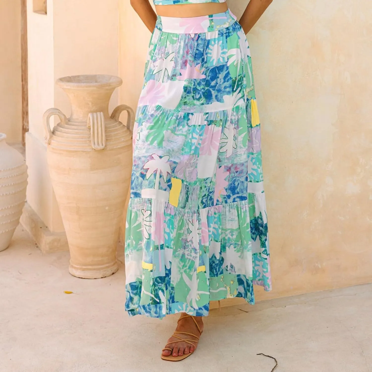 Women's Midi Skirt Summer 2025 Beach Boho Casual Maxi High Waist Vacation Skirts Floral Print Flowy Long Pleated Skirt