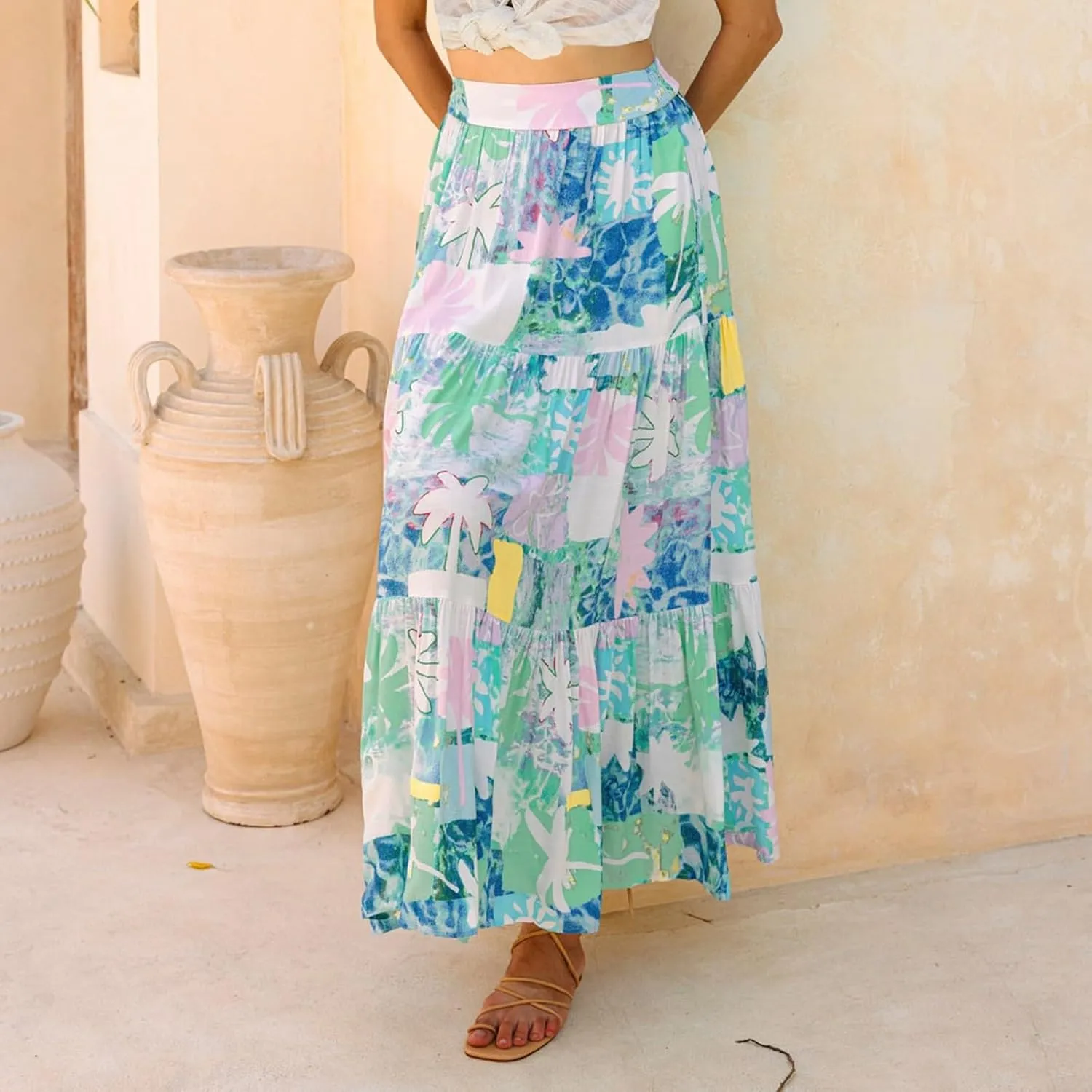 Women's Midi Skirt Summer 2025 Beach Boho Casual Maxi High Waist Vacation Skirts Floral Print Flowy Long Pleated Skirt