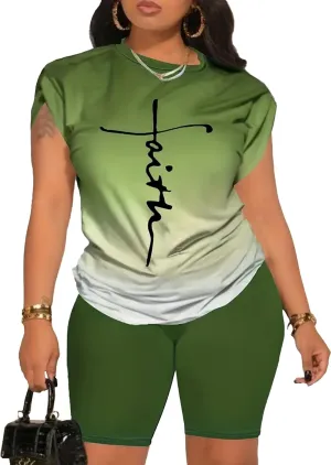 Women's Plus Size 2 Piece Outfits Sweatsuits Sets Summer Short Sleeve Tunic Tops Biker Shorts Tracksuit Sets