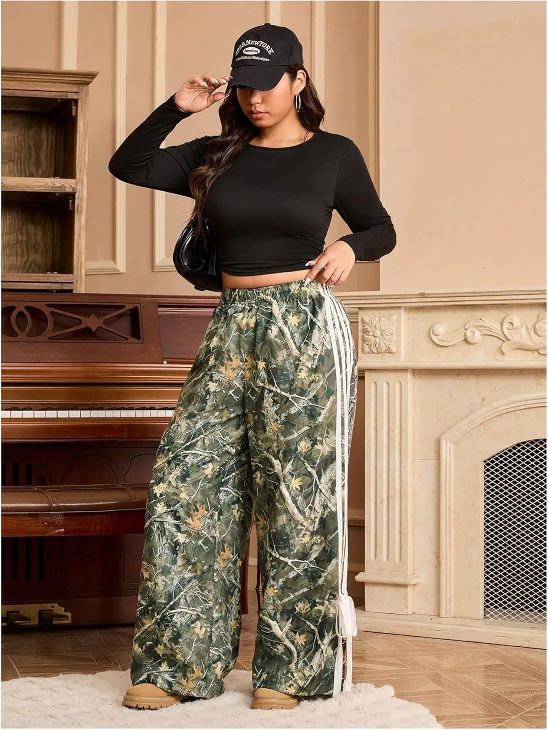 Women's Plus Size Striped Camo Print Pants High Waisted Wide Leg Bowknot Baggy Trousers Streetwear