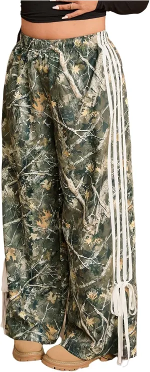 Women's Plus Size Striped Camo Print Pants High Waisted Wide Leg Bowknot Baggy Trousers Streetwear