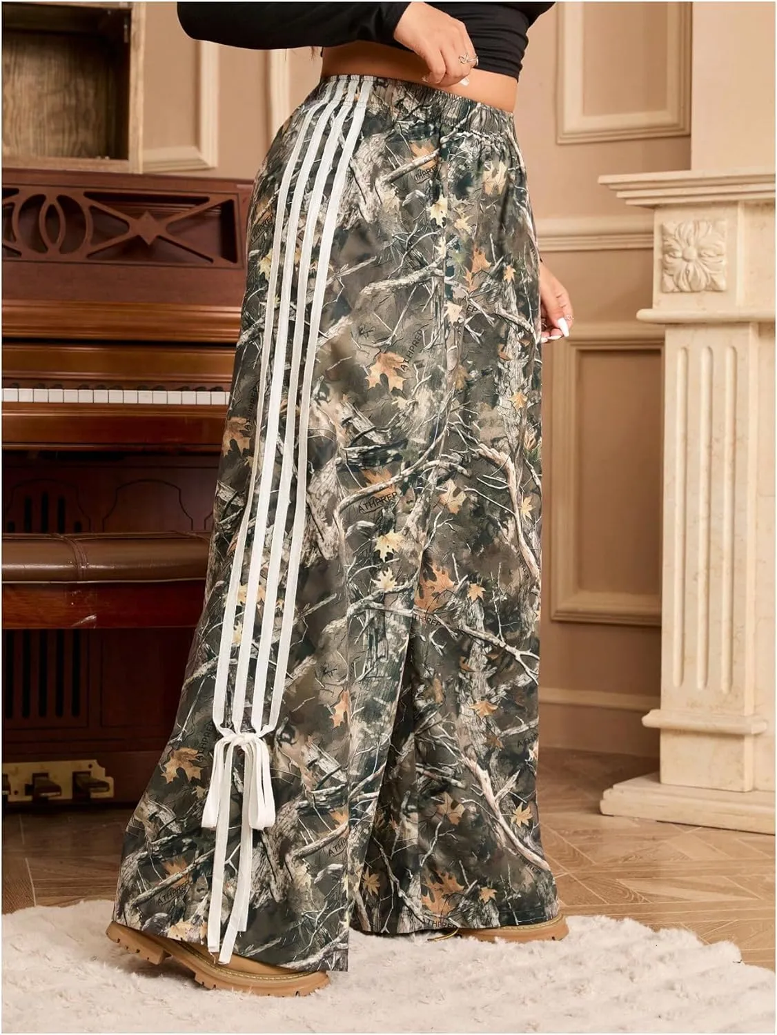 Women's Plus Size Striped Camo Print Pants High Waisted Wide Leg Bowknot Baggy Trousers Streetwear