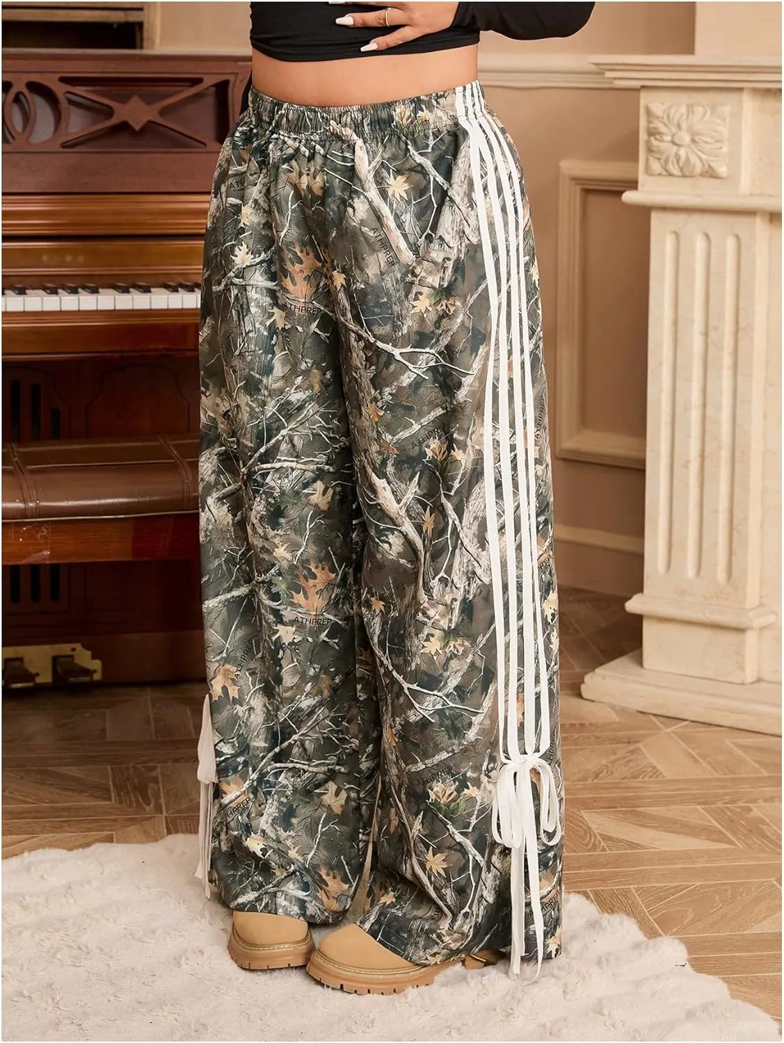 Women's Plus Size Striped Camo Print Pants High Waisted Wide Leg Bowknot Baggy Trousers Streetwear