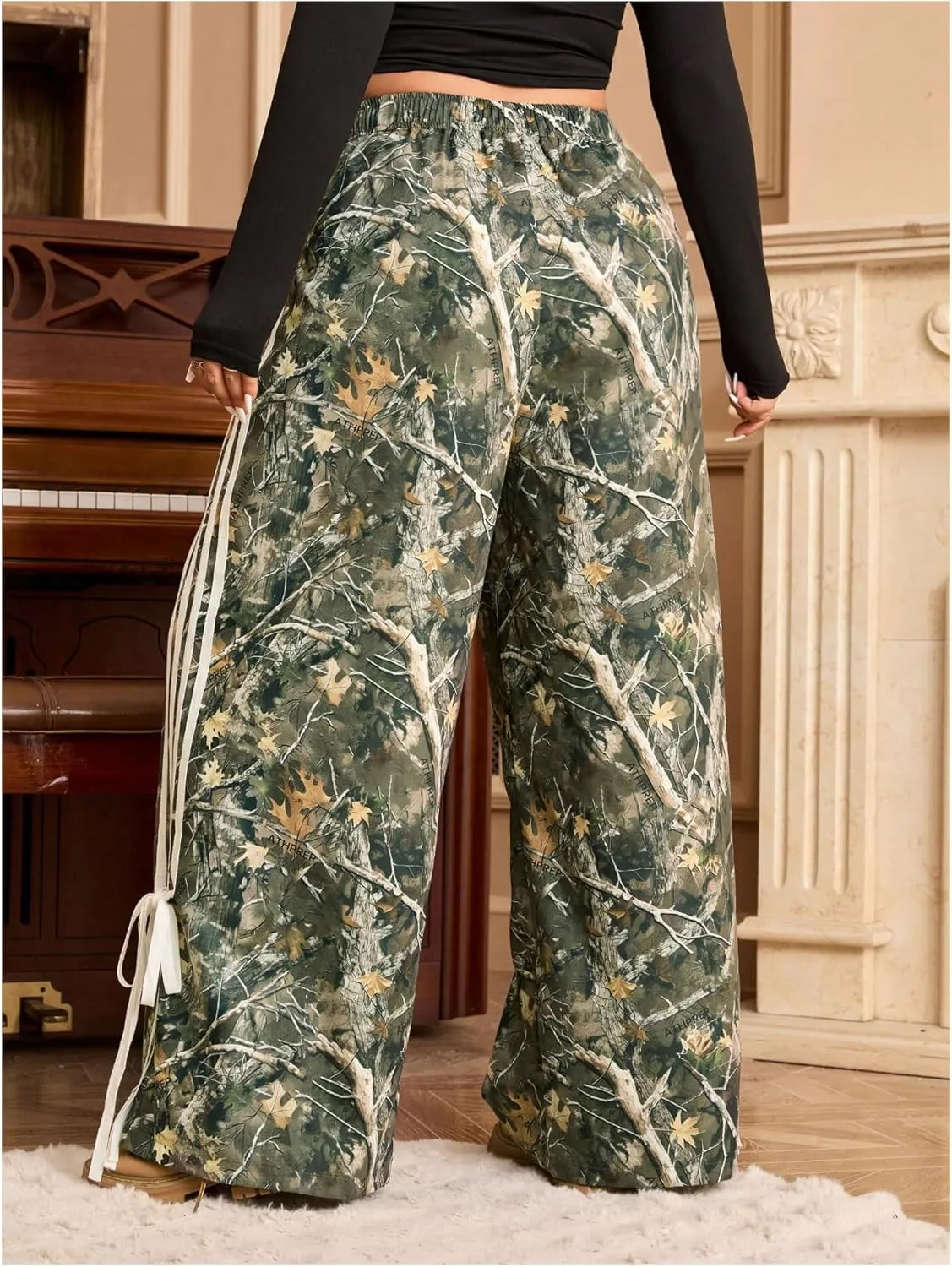 Women's Plus Size Striped Camo Print Pants High Waisted Wide Leg Bowknot Baggy Trousers Streetwear