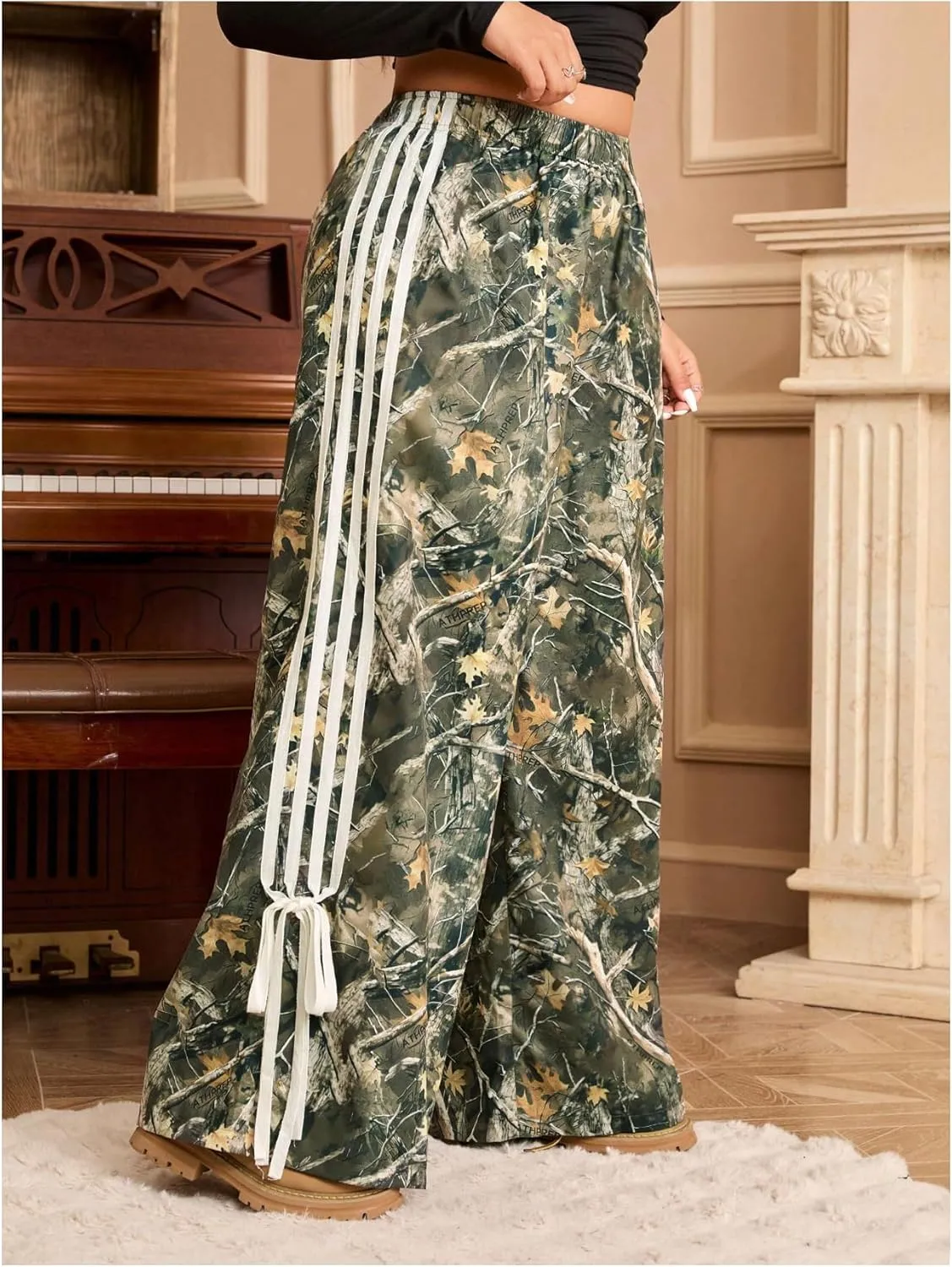 Women's Plus Size Striped Camo Print Pants High Waisted Wide Leg Bowknot Baggy Trousers Streetwear