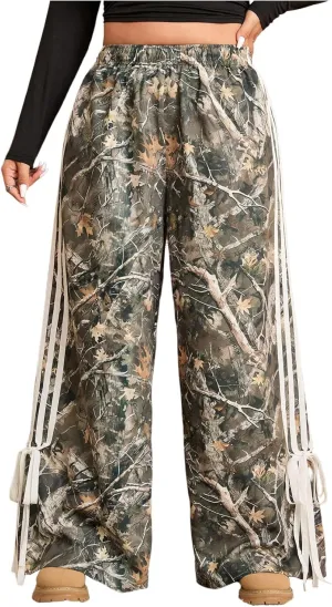 Women's Plus Size Striped Camo Print Pants High Waisted Wide Leg Bowknot Baggy Trousers Streetwear
